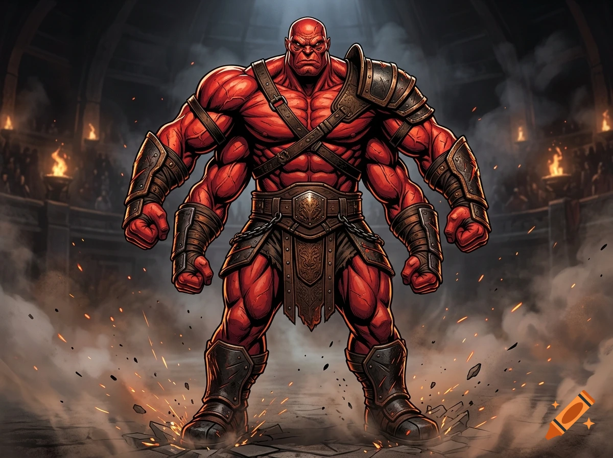 A towering, muscular red alien warrior with four arms and gladiatorial armor in an arena.
