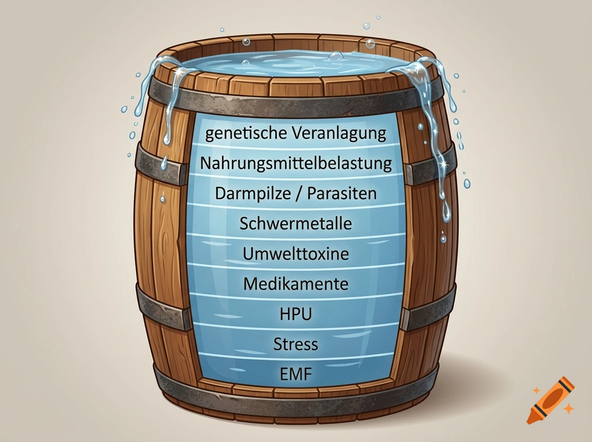2D illustration of a wooden barrel filled with water and horizontal divisions labeled with medical and lifestyle terms.