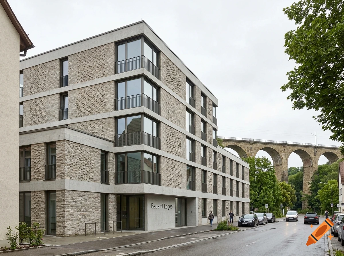 Modern multi-story brick and concrete building with a large railway viaduct in the background, photograph.