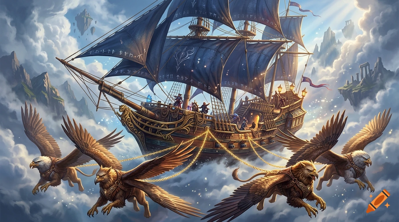 A fantasy airship with dark sails flying through the clouds, pulled by multiple griffins, in a heroic fantasy style.