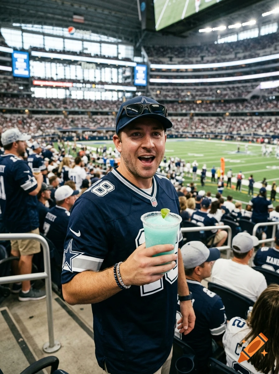 Photorealistic image of a Dallas Cowboys fan holding a frozen margarita in a packed stadium.