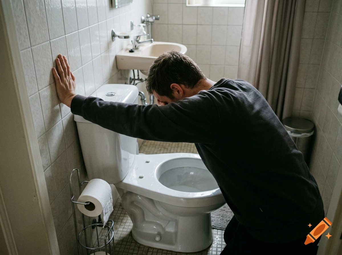 Photorealistic image of a man leaning over a toilet in a bathroom, holding his head.