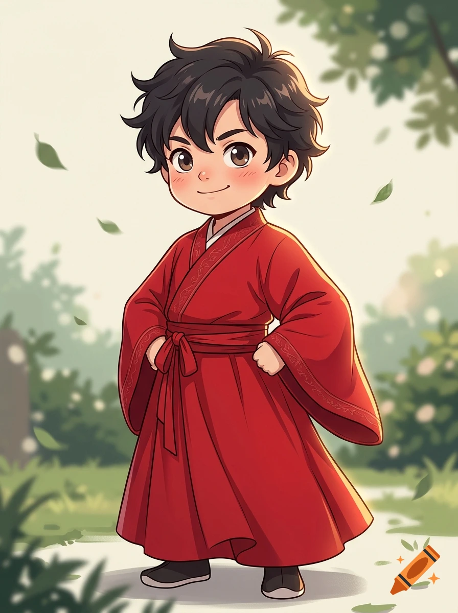 Anime style illustration of a young boy with dark hair wearing a traditional red robe standing in a park.