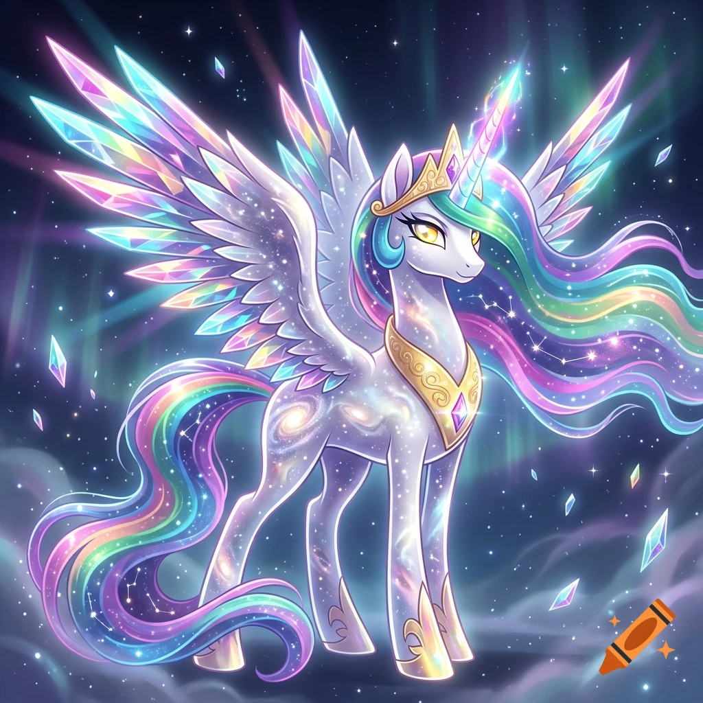 Digital illustration of a cosmic alicorn with prismatic crystal wings, a nebula body, and a rainbow mane against a starry background.