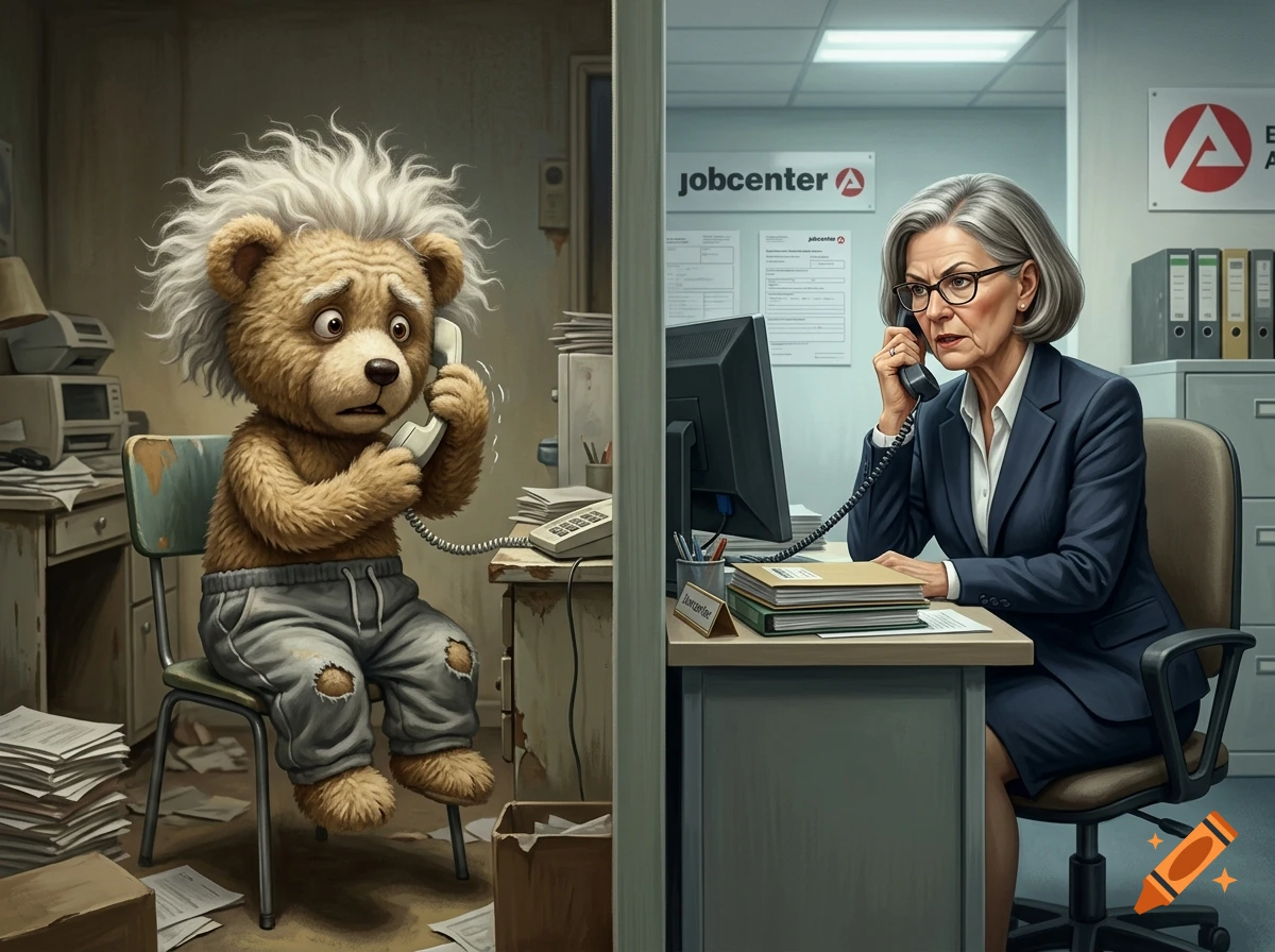 Split image showing an anxious teddy bear with Einstein hair sitting in a messy room on the left, and a stern woman in a business suit talking on the phone in an office on the right.