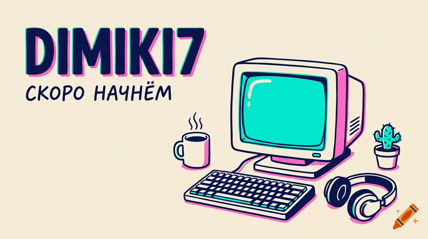 Stream starting soon screen with retro computer, keyboard, coffee mug, and cactus in a flat 2D vector style.