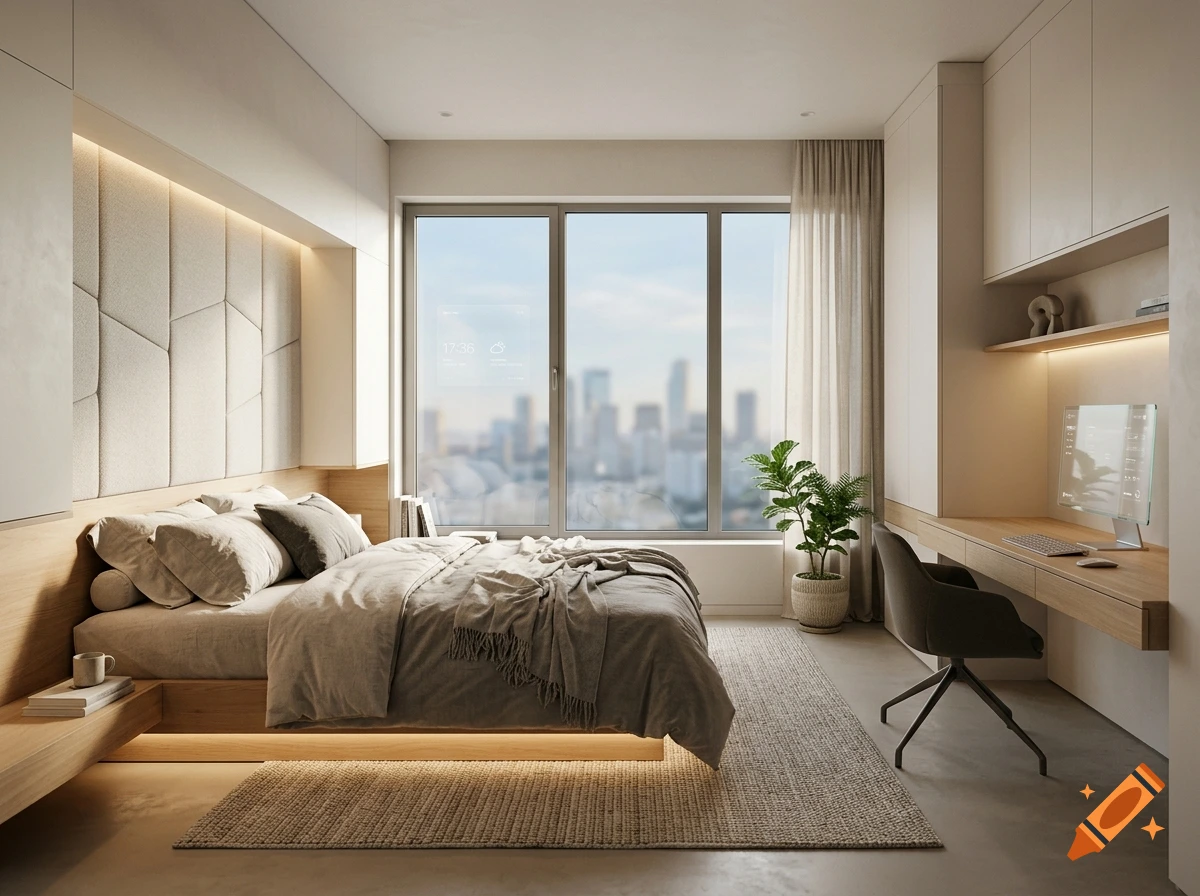 Photorealistic modern minimalist bedroom with a large window overlooking a city skyline, a smart glass screen, and a desk area.