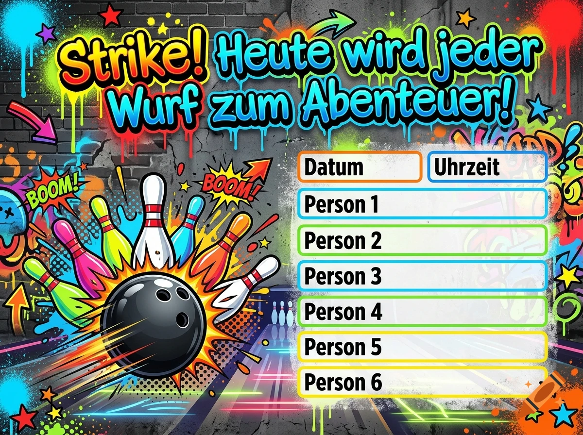 Colorful graffiti-style bowling voucher background with text fields and bowling pins and ball.