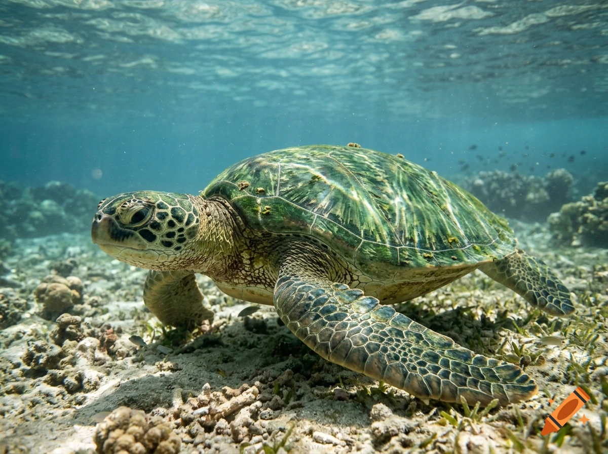 A sea turtle swimming near the sandy ocean floor in clear shallow water.