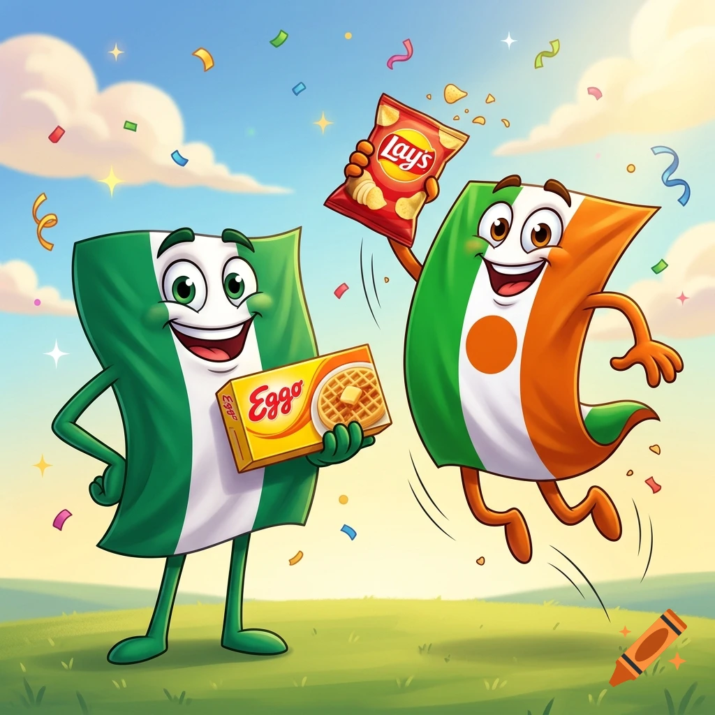 Cartoon illustration of personified Nigerian and Niger flags celebrating with Eggo waffles and Lay's chips in a sunny grassy field.
