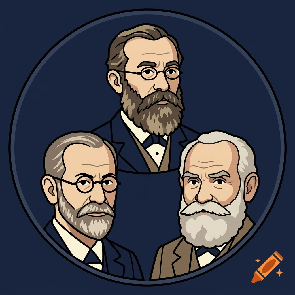 2D circular profile illustration of Wilhelm Wundt, Sigmund Freud, and Ivan Pavlov with beards and glasses.
