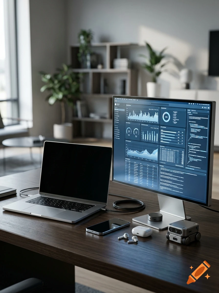Photorealistic modern office desk setup with a laptop, monitor displaying dashboards, smartphone, and accessories.