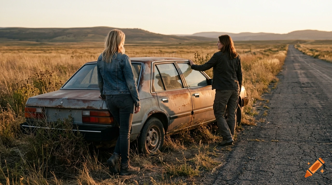 Two women standing next to an abandoned rusty car on a dirt road in a grassy field at sunset, photorealistic.