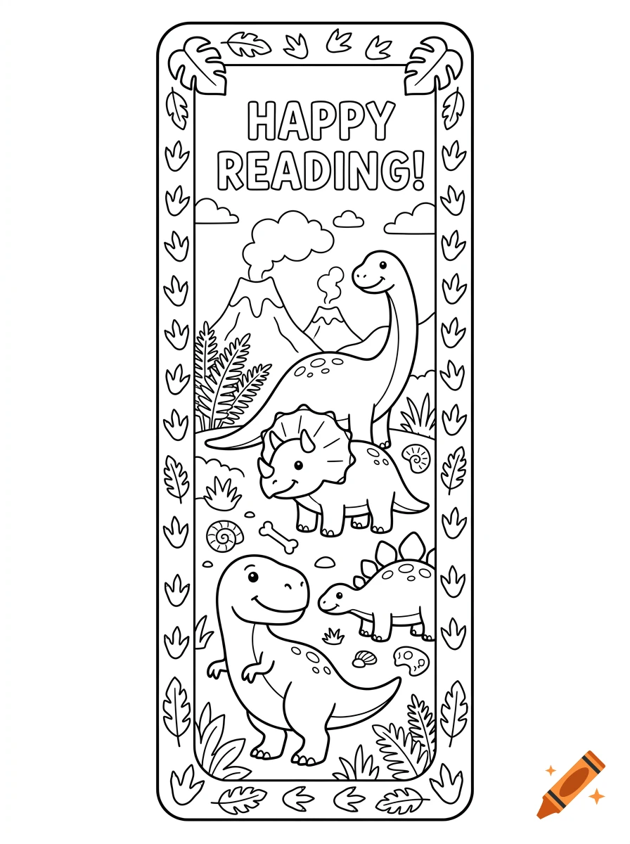 Black and white coloring page for kids featuring cute dinosaurs, a volcano, and the text 'HAPPY READING!' inside a decorative border.