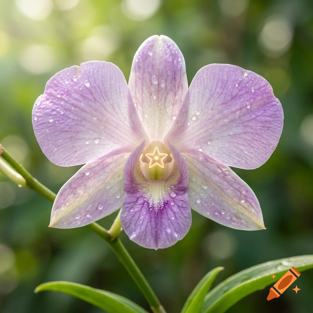 Close-up photorealistic shot of a light purple orchid covered in dew drops, with a distinct star shape in its center.