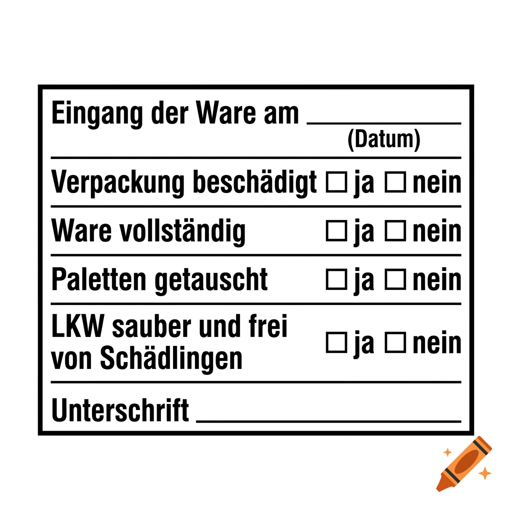 Black and white warehouse receipt stamp with German text and checkbox fields.