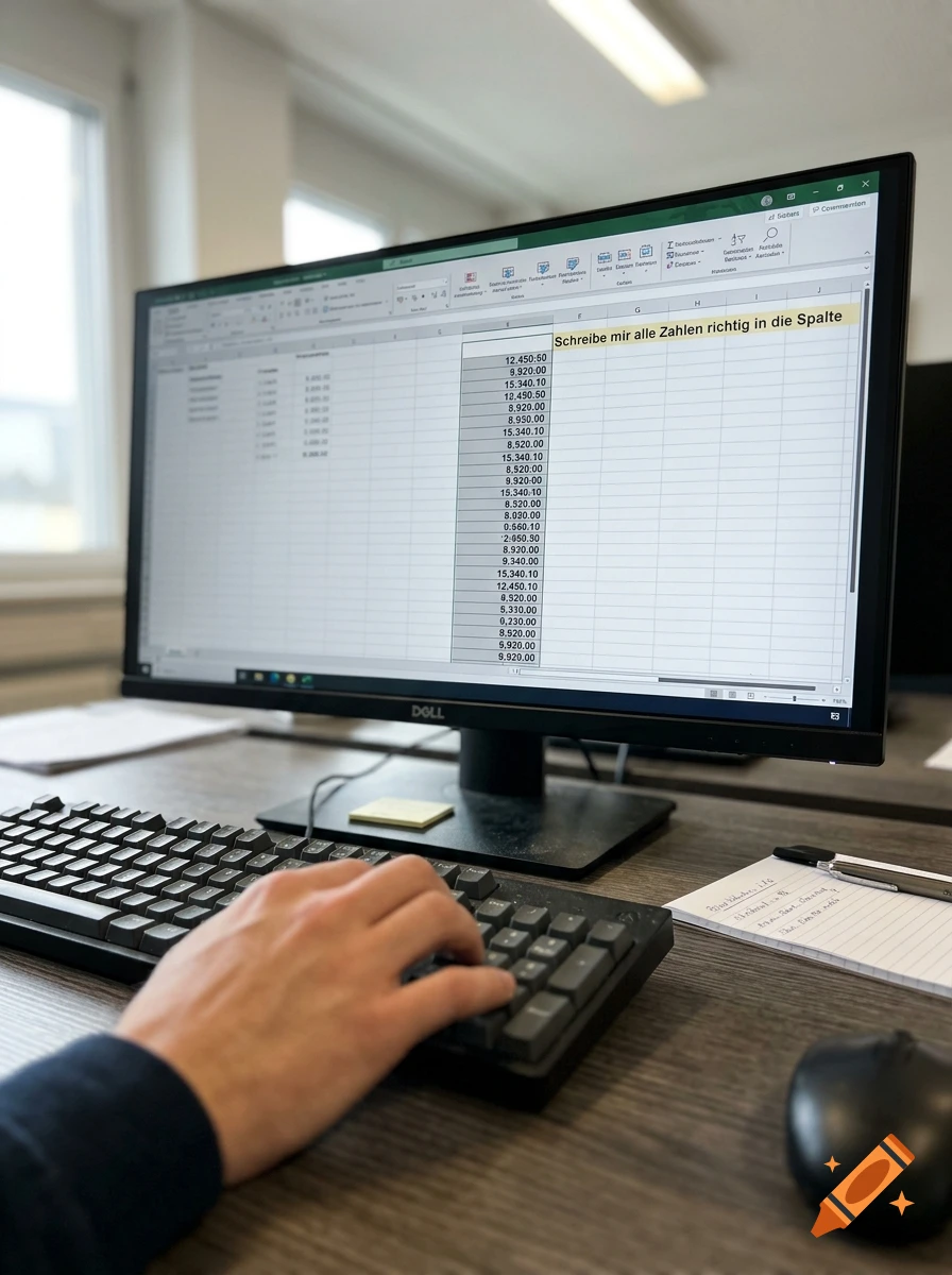 Close-up of a person's hand typing on a keyboard in front of a computer monitor displaying a spreadsheet.