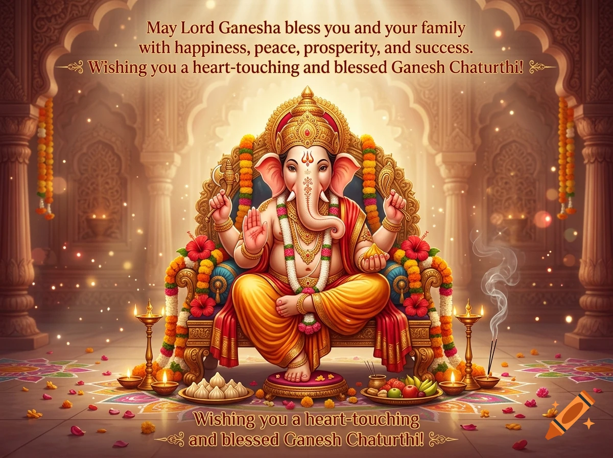 Digital illustration of Lord Ganesha seated on an ornate throne for Ganesh Chaturthi with blessing text at the top and bottom.