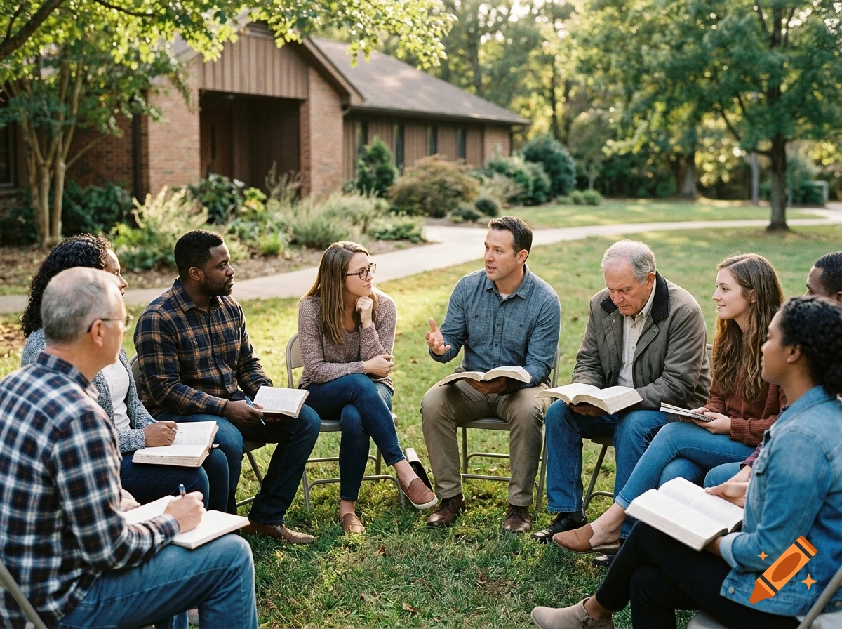 Photorealistic group of diverse people sitting in a circle outdoors holding open books, interacting.