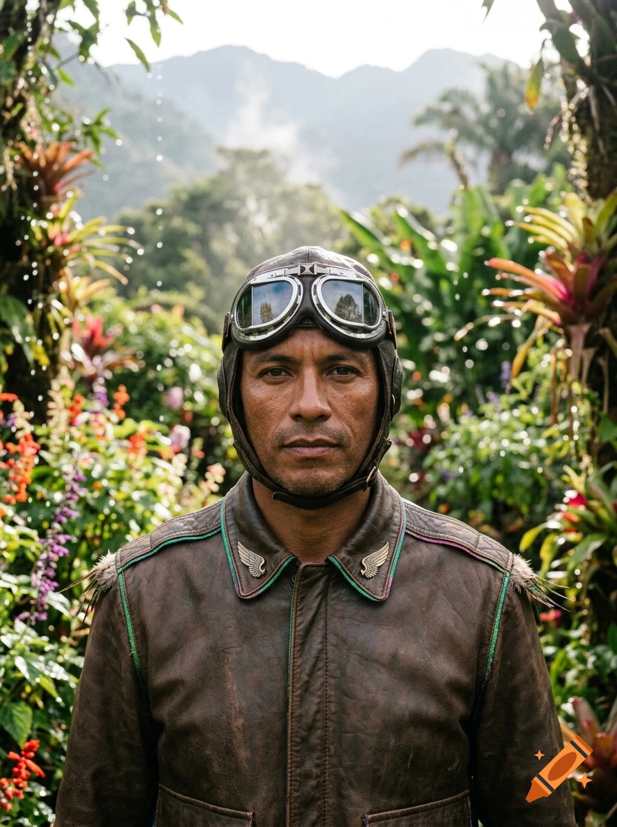 Photorealistic portrait of a human male with dark copper skin wearing vintage flight goggles and a leather flight cap, set against a lush jungle background.