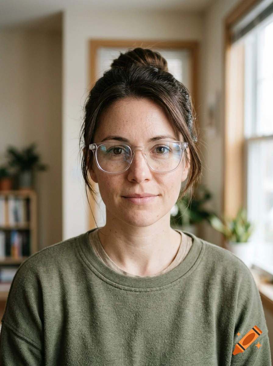 Photorealistic portrait of a woman with brown hair in a bun, wearing glasses and a green sweater.