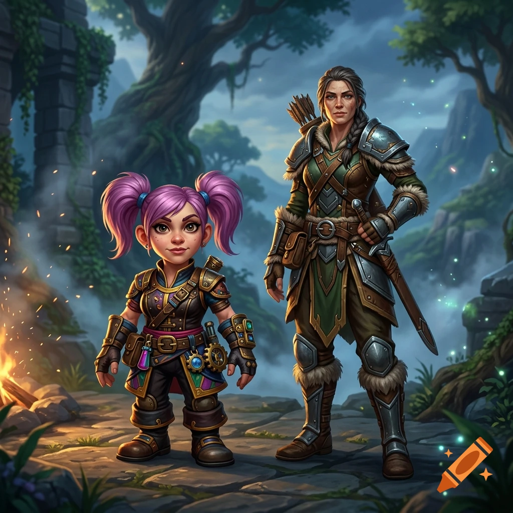 Digital painting of two fantasy characters in a forest setting, a female gnome with pink hair and an armor-clad human warrior.
