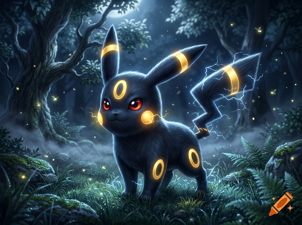 A digital art illustration of an Umbreon and Pikachu hybrid creature with glowing yellow rings and lightning tail standing in a mystical dark forest.