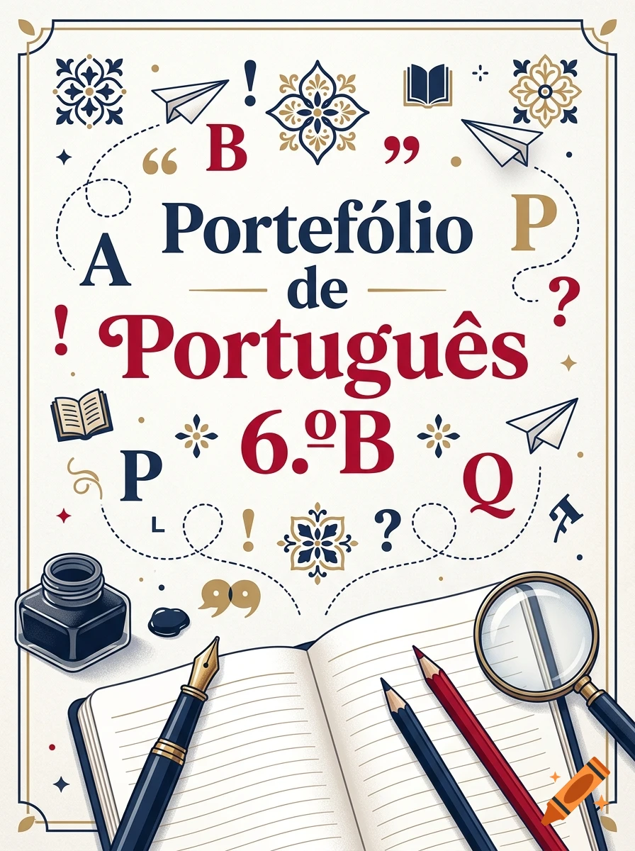 An illustrated school portfolio cover for Portuguese class with notebooks, pens, inkwell, and decorative letters on a cream background.