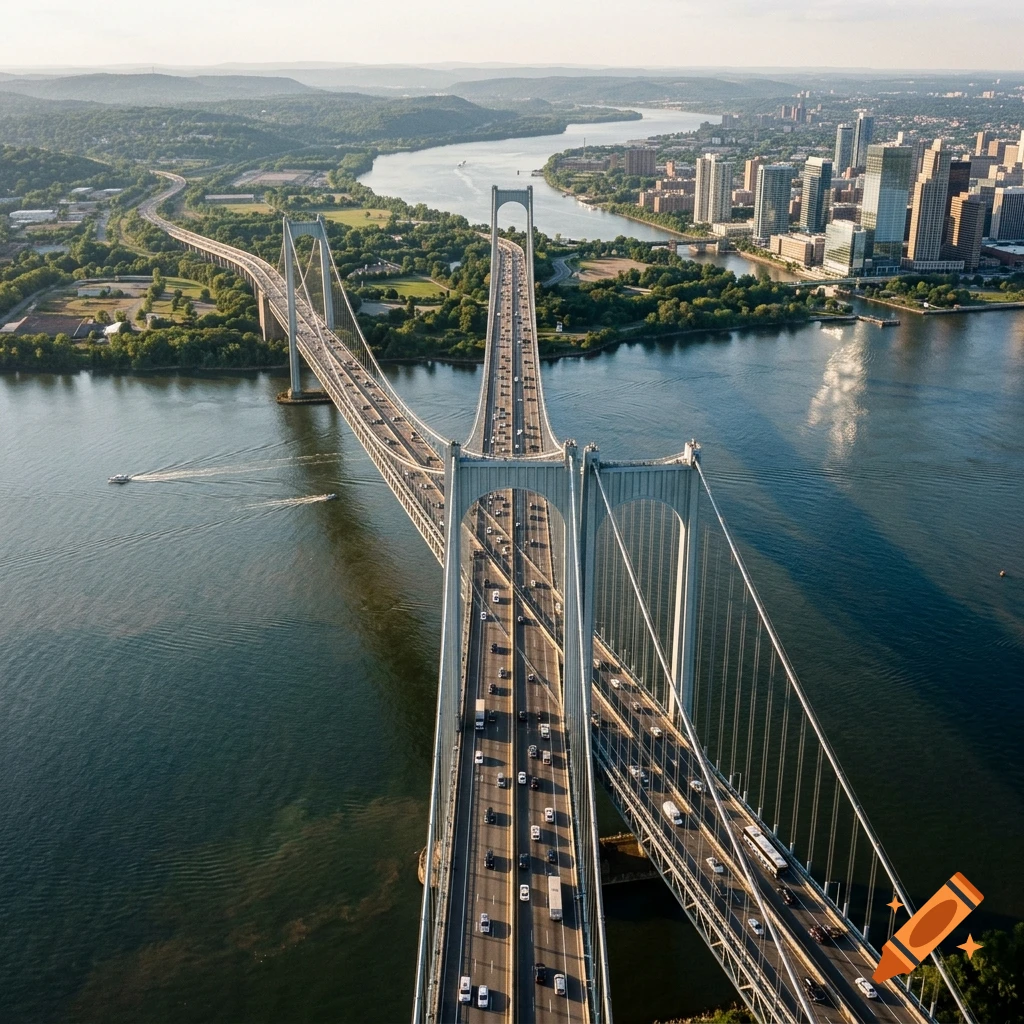 Aerial view of a large suspension bridge crossing a wide river with a city skyline in the background, photorealistic.