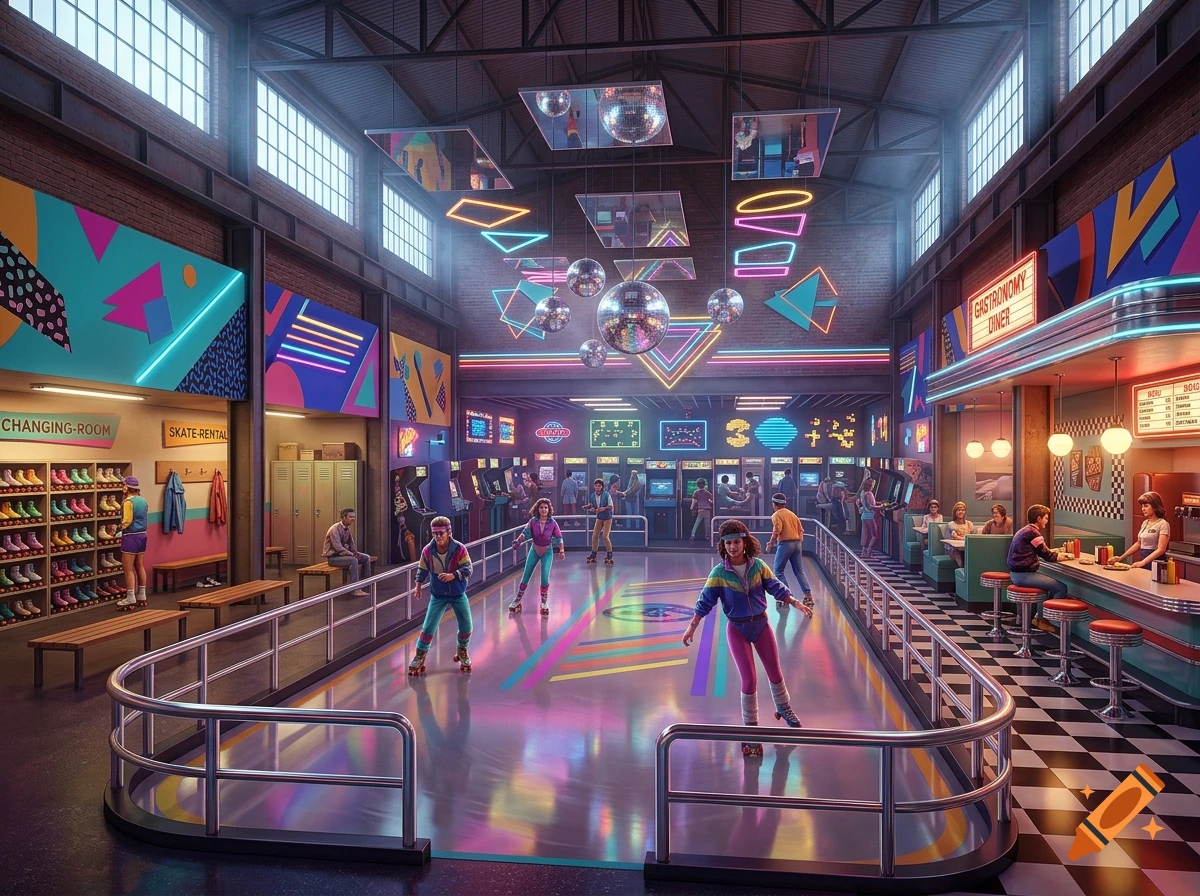 Sprawling 1980s retro entertainment hall featuring a roller skating rink, arcade machines, changing rooms, and a diner.