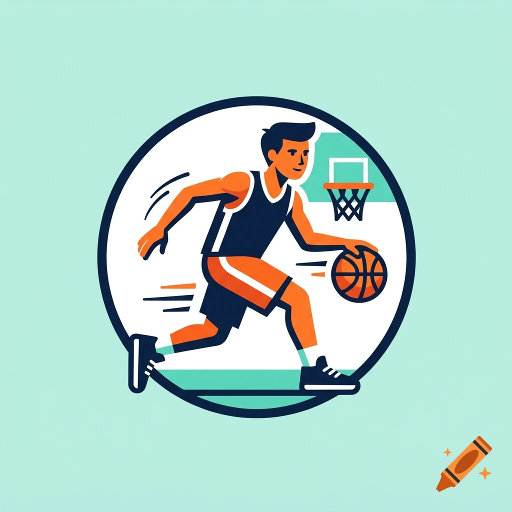 Stylized circular graphic of a teenage boy dribbling a basketball, vector art style.