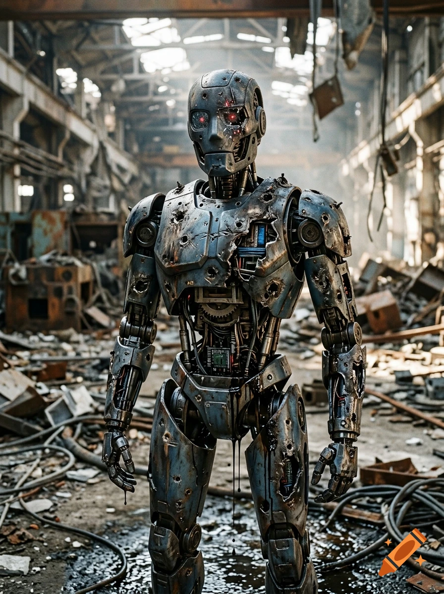 Photorealistic battle-damaged robot standing in a ruined, debris-filled industrial warehouse.