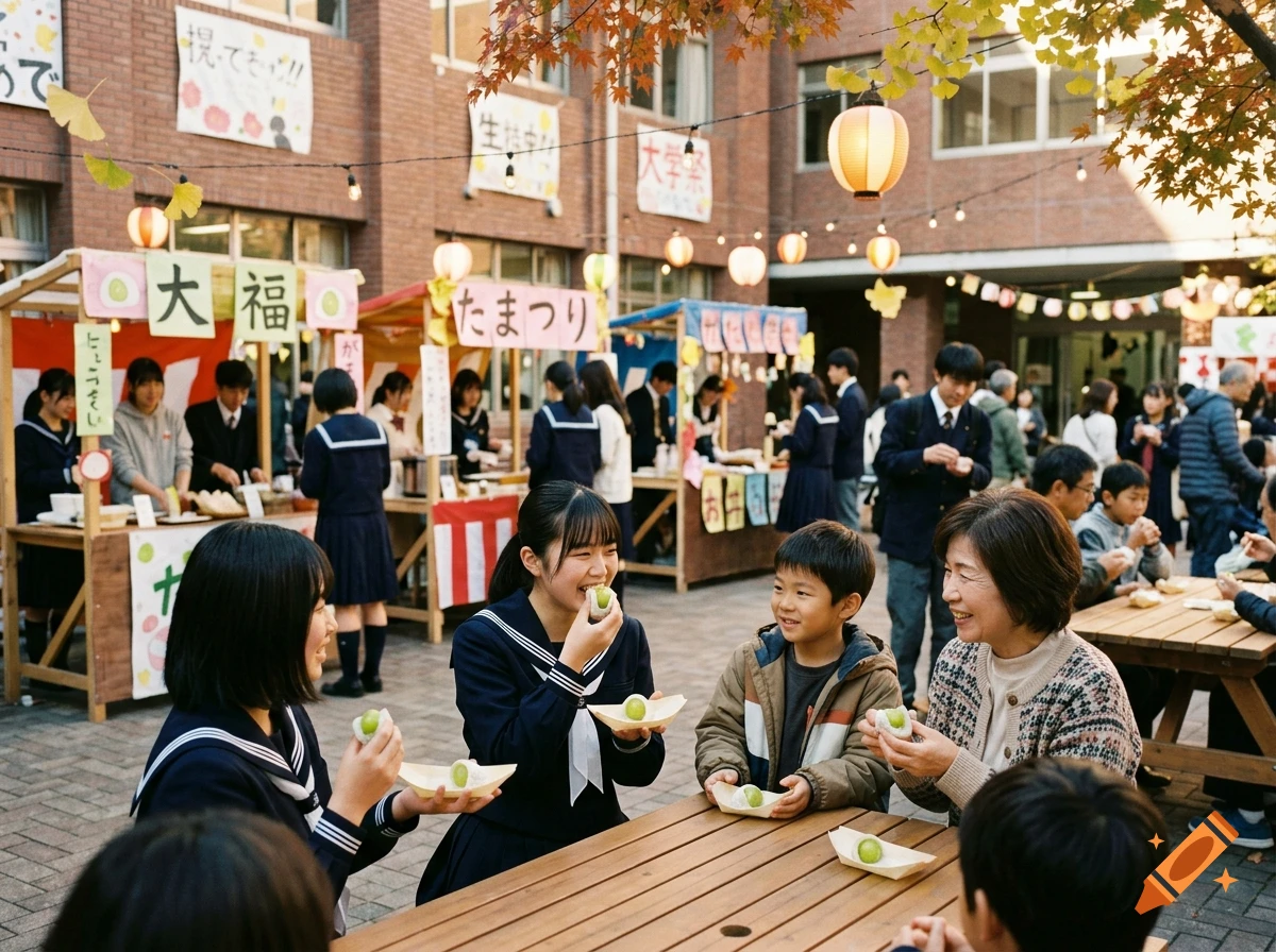 People enjoying shine muscat daifuku at a Japanese school autumn festival, photorealistic.