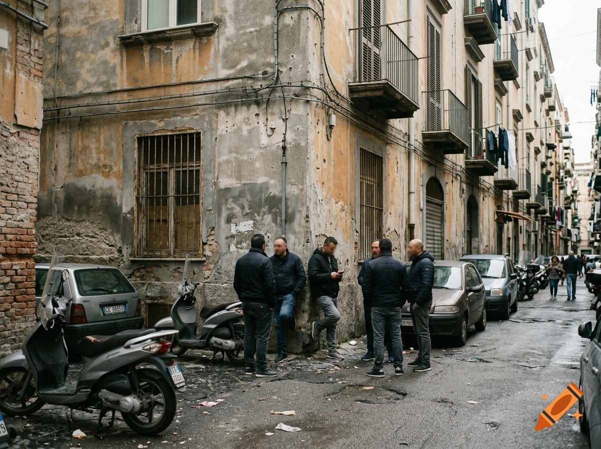 Photorealistic street scene of men gathered on a narrow urban alleyway with vintage cars and old buildings.