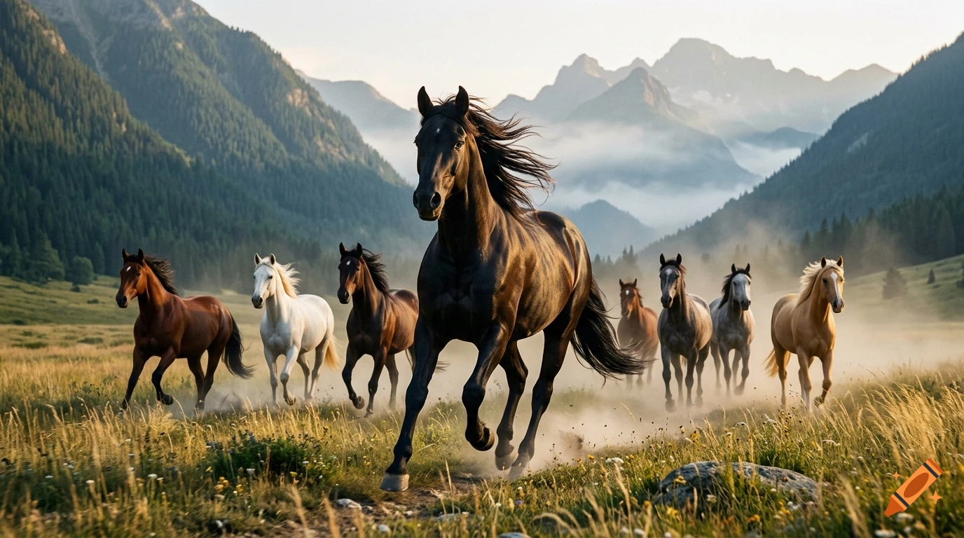 A herd of horses running across a grassy valley with mountains and fog in the background.
