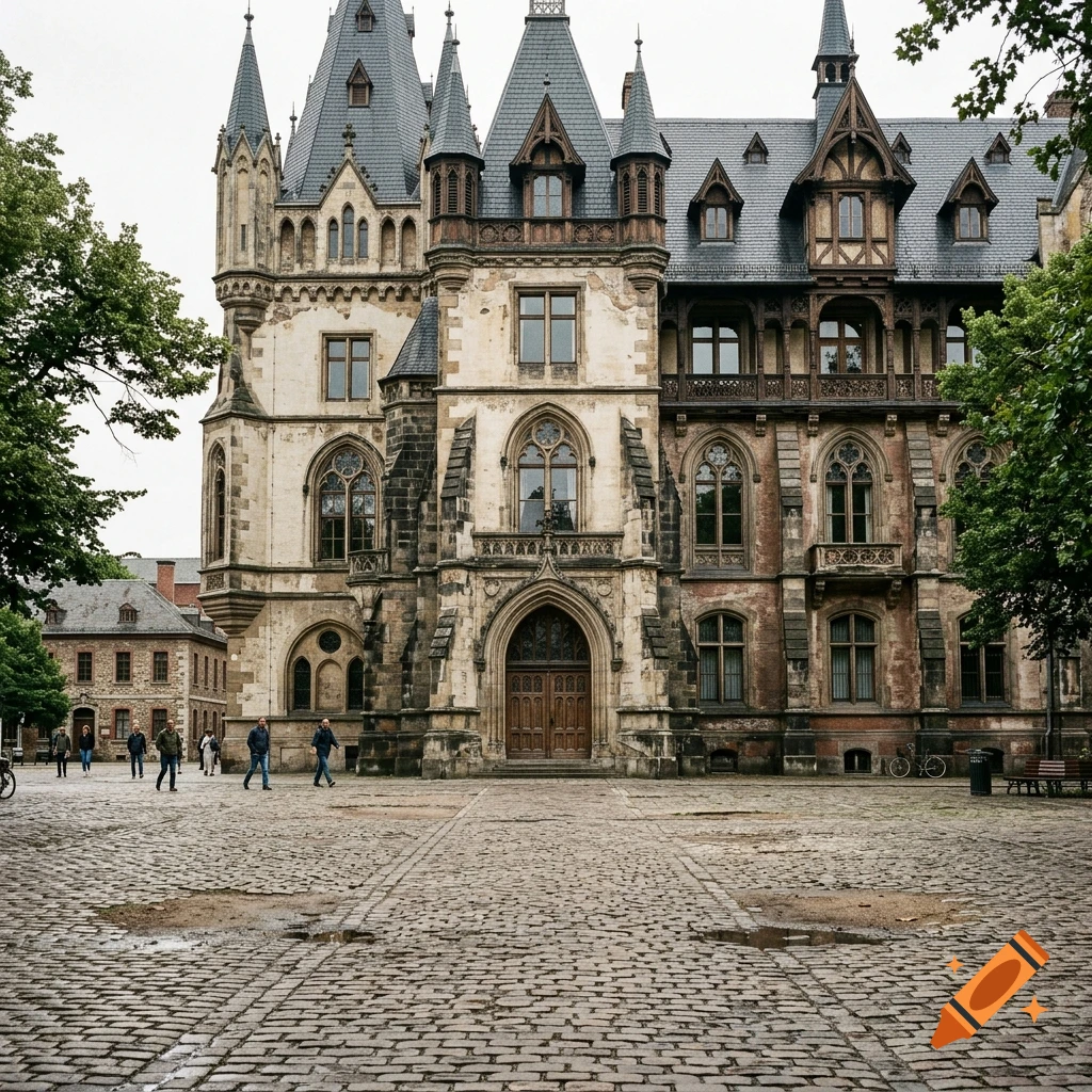 Photorealistic image of a large gothic-style castle with towers and a cobblestone courtyard with a few people walking.