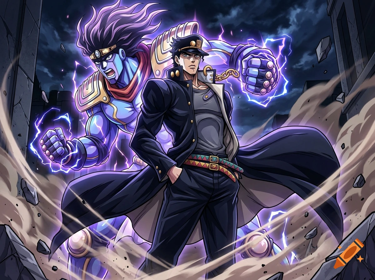 Jotaro Kujo posing dynamically with his Stand Star Platinum in an anime art style amidst a dusty, rubble-strewn background.