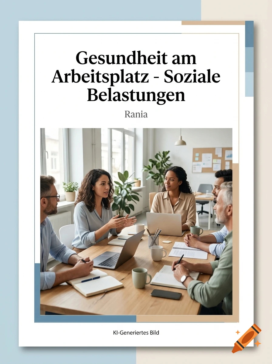 Portfolio cover with the title Gesundheit am Arbeitsplatz and a photo of people in a meeting.