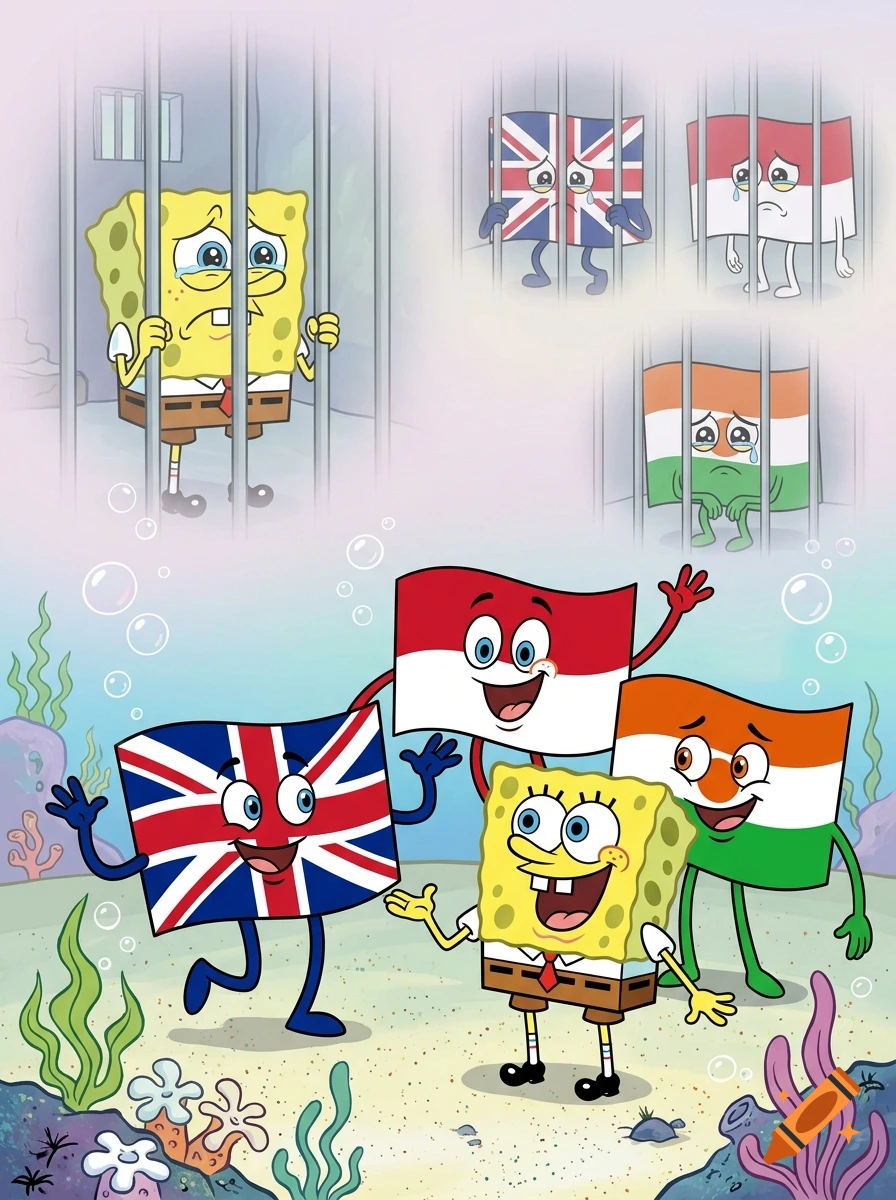 SpongeBob SquarePants and cartoon flag characters representing the UK, Monaco, and Niger in an underwater setting, with a faded jail scene above.