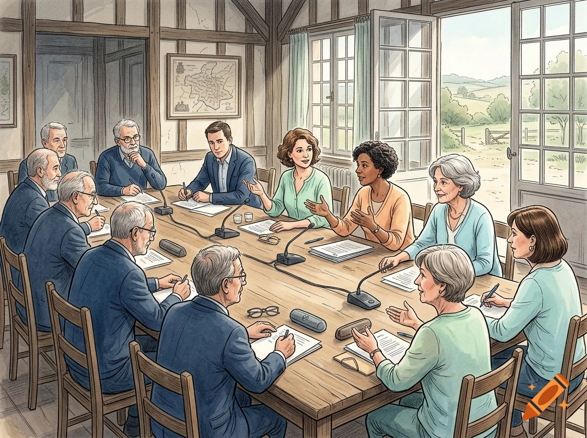 Hand-drawn watercolor style illustration of a diverse group of people sitting around a long wooden table in a traditional council room.