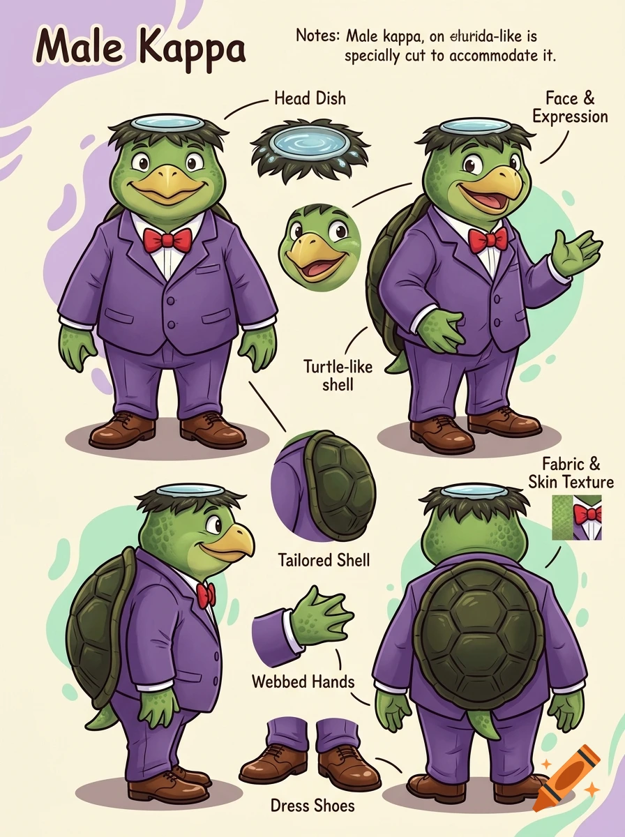 Character reference sheet of a cartoon male kappa in a purple suit, red bowtie, and brown shoes with various poses and diagrams.