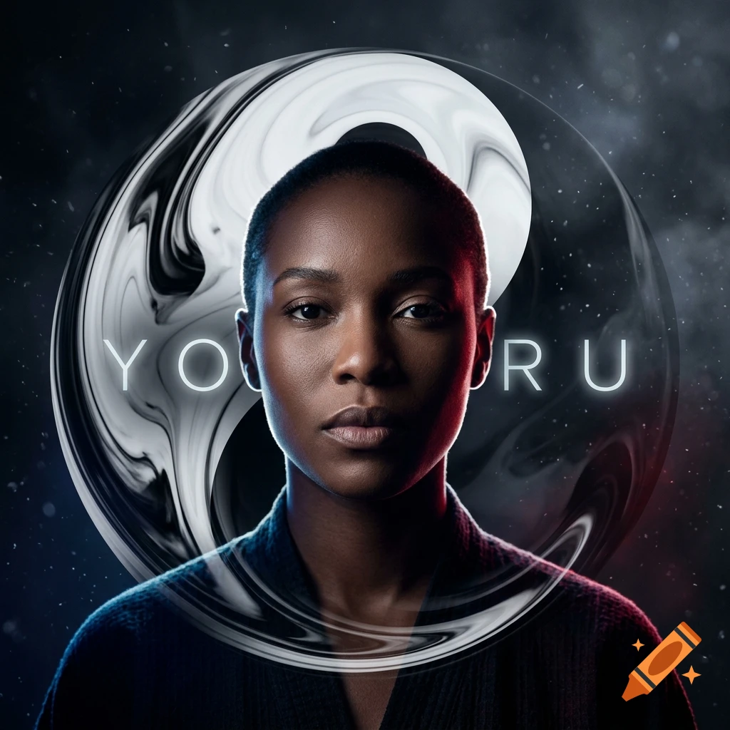 Cinematic photorealistic portrait of a person with a stylized Yin Yang background and glowing incorrect text reading 'YO U RU'.