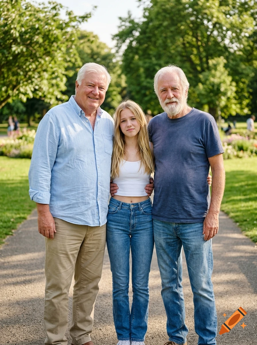 Photorealistic image of two older men hugging a young woman in a park.