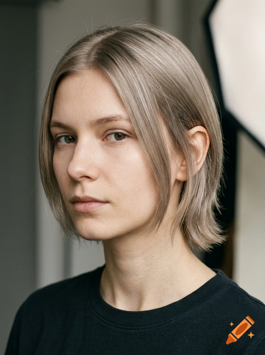 Photorealistic close-up portrait of a young person with a medium-short blonde haircut and a black t-shirt.
