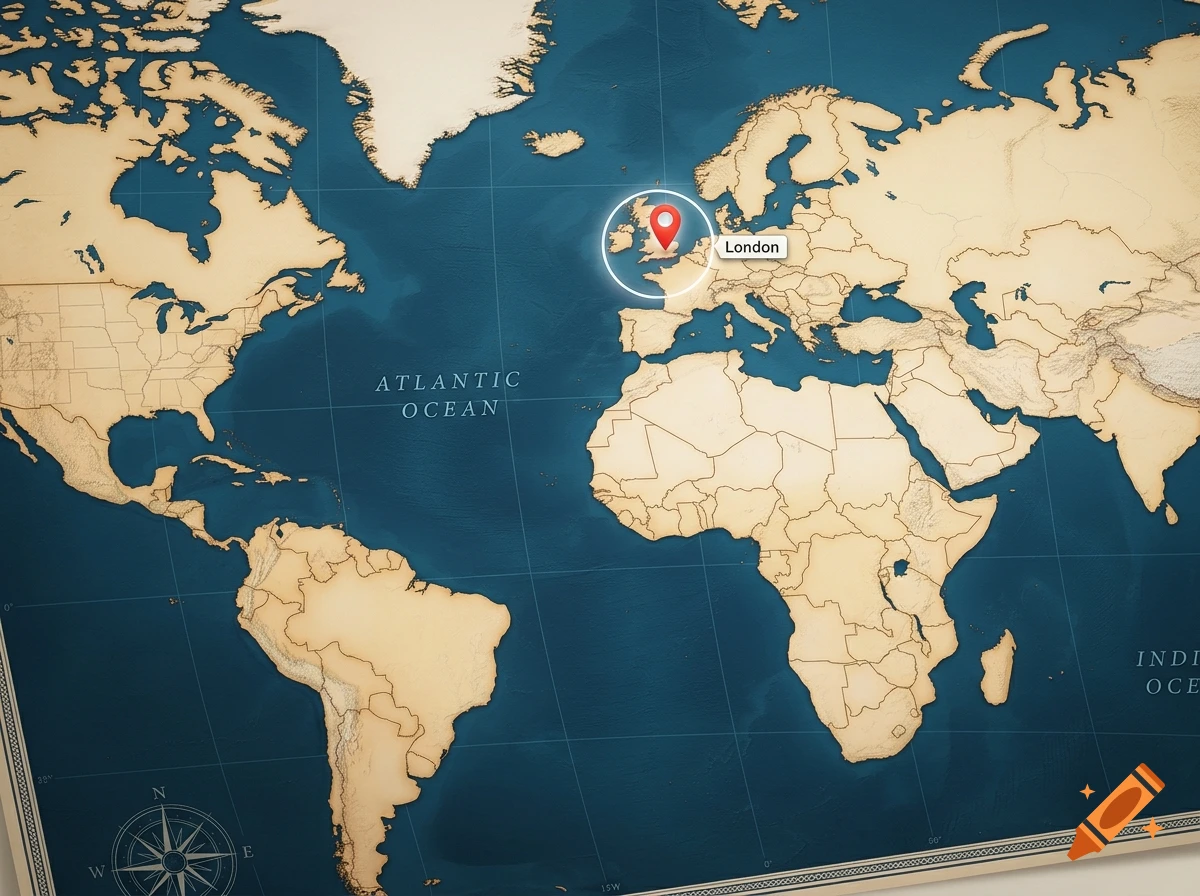 Vintage-style world map with a red pin and label marking London in the Atlantic ocean and Europe region.