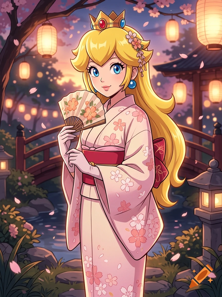 Anime style illustration of Princess Peach wearing a pink yukata, holding a folding fan in front of a traditional Japanese bridge and lanterns at sunset.