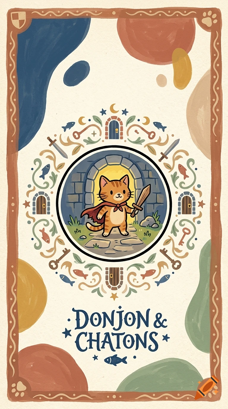 Digital trading card back with a whimsical gouache illustration of an adventurous cat with a cape and sword in front of a dungeon door.