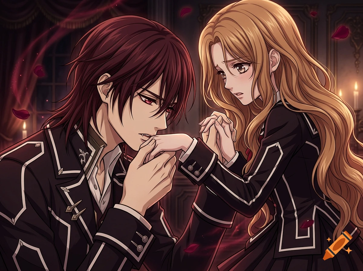 Anime style illustration of a young man with dark red hair biting the hand of a blonde woman in a dark gothic room.