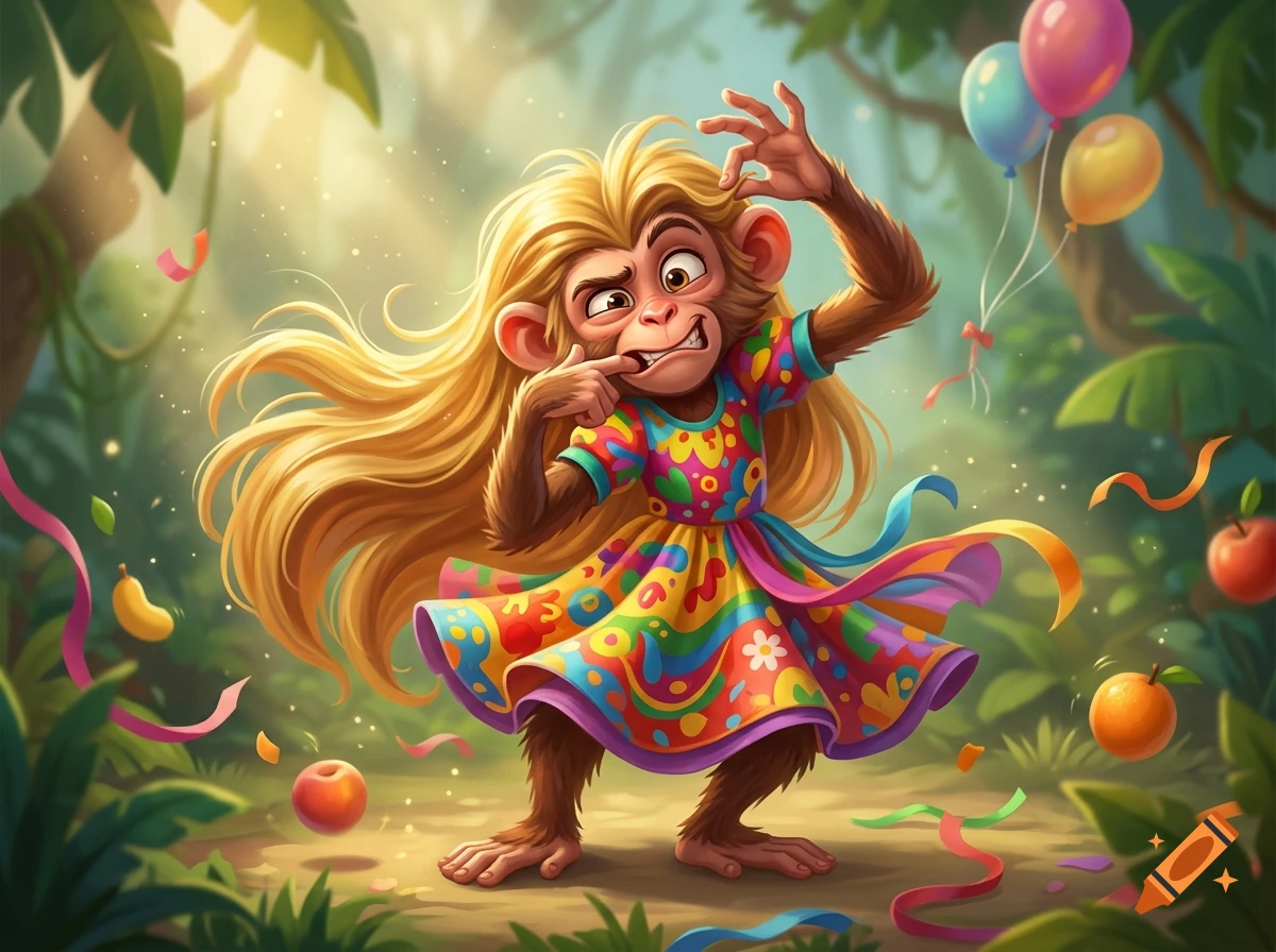 Digital illustration of a funny monkey with long blonde hair and a colorful patterned dress making a silly face in a jungle.