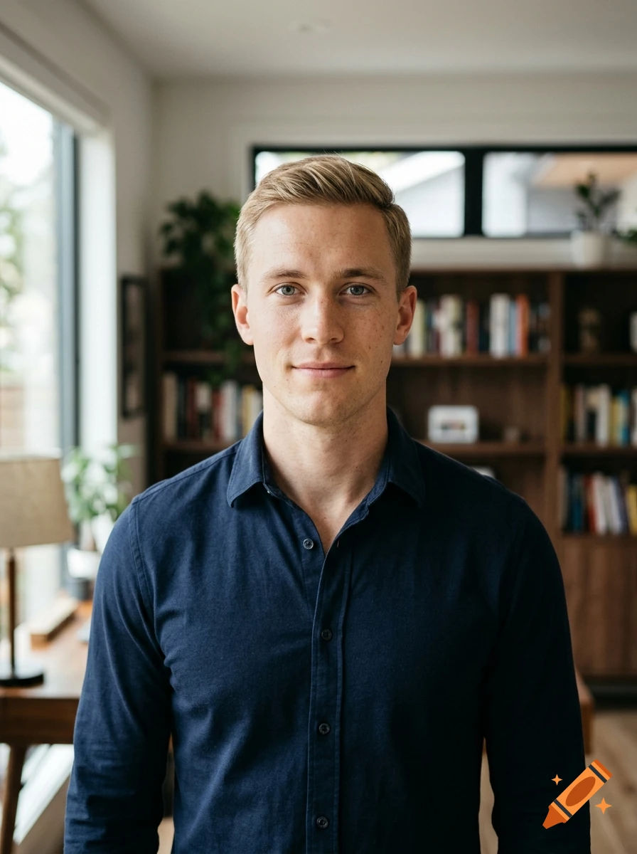 Photorealistic portrait of a young blond man with blue-gray eyes wearing a dark blue button-down shirt indoors.